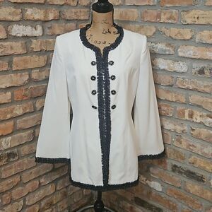 Vintage G.M.I. White Bell Sleeve Blazer Black Polka Dot & Rhinestones - Size 10